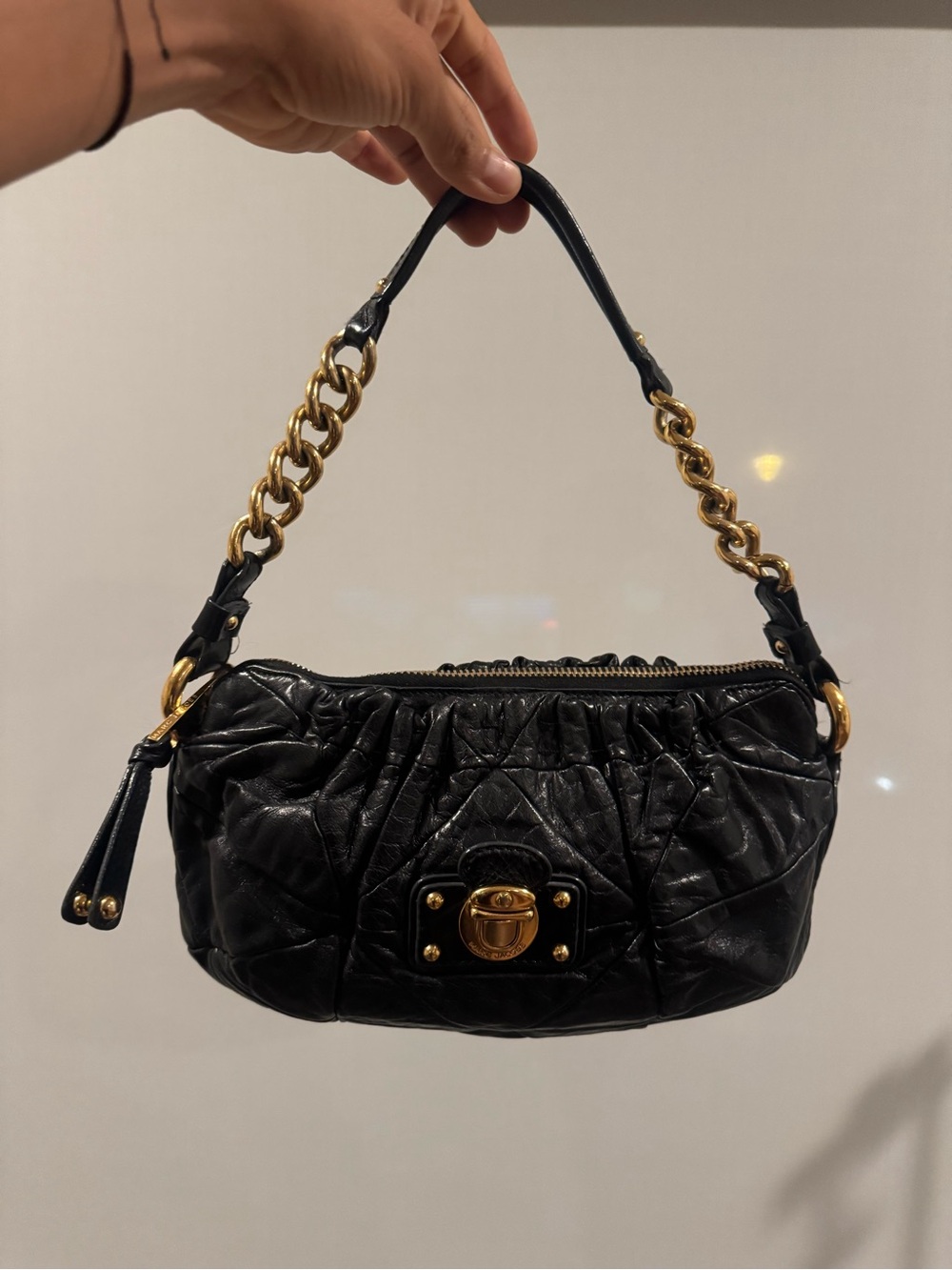 Vintage Marc Jacobs Black Quilted Leather Shoulder Bag with Gold Chain Accent